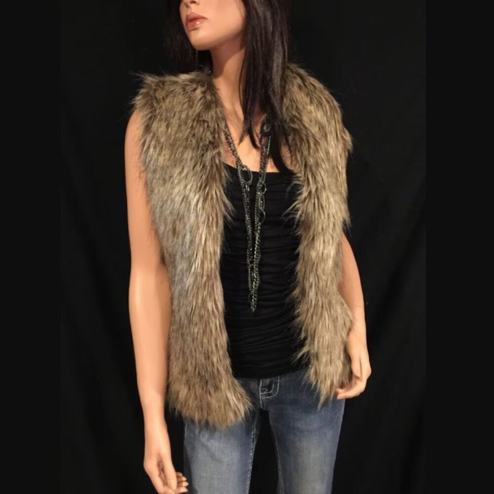 Gorgeous Brown Wolf Faux Fur Vest – Hip Length | Stylish & Realistic Size Small